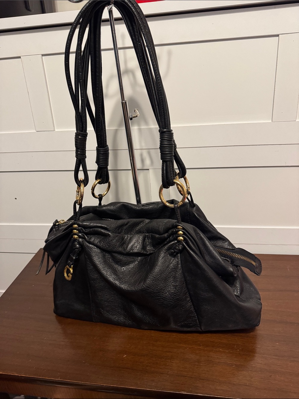 Black Leather Gathered Gen Rigo Shoulder Bag with Gold Rings